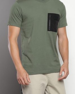 CALVIN KLEIN Olive Green Cotton Mix Media T-Shirt