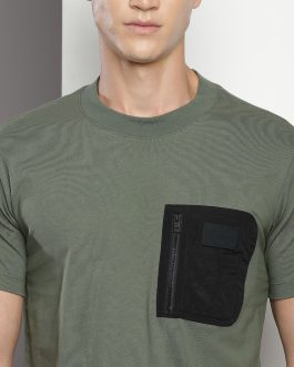 CALVIN KLEIN Olive Green Cotton Mix Media T-Shirt