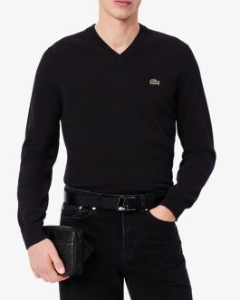 Lacoste – Monochrome Cotton V-neck Sweater (Black)
