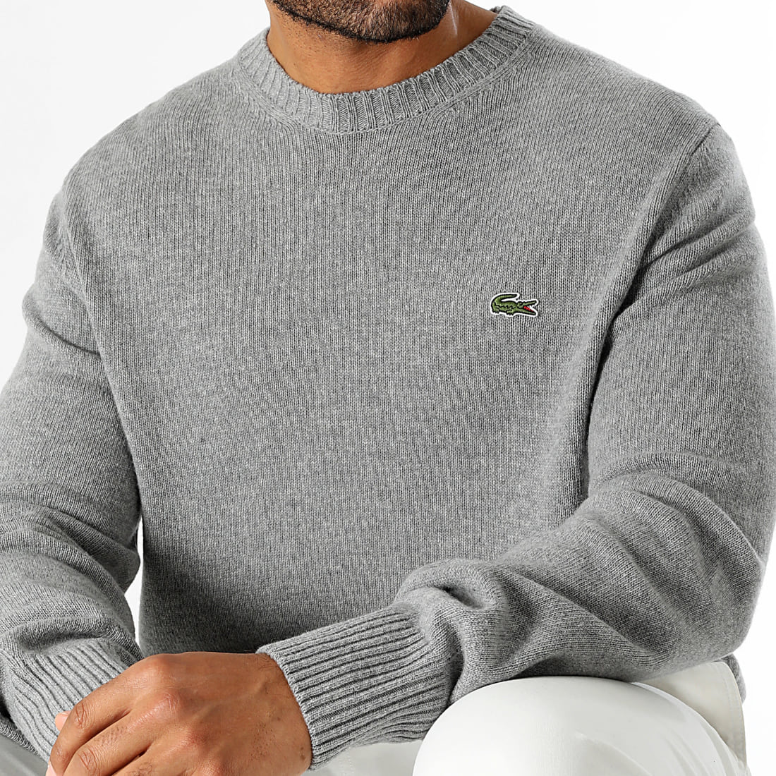 LACOSTE Crocodile Classic Fit Grey/Sky Blue Embroidered Logo Sweater - Image 3