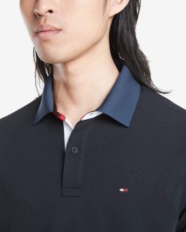 TOMMY HILFIGER Men Blue Collar, Black Regular Fit Polo T-Shirt
